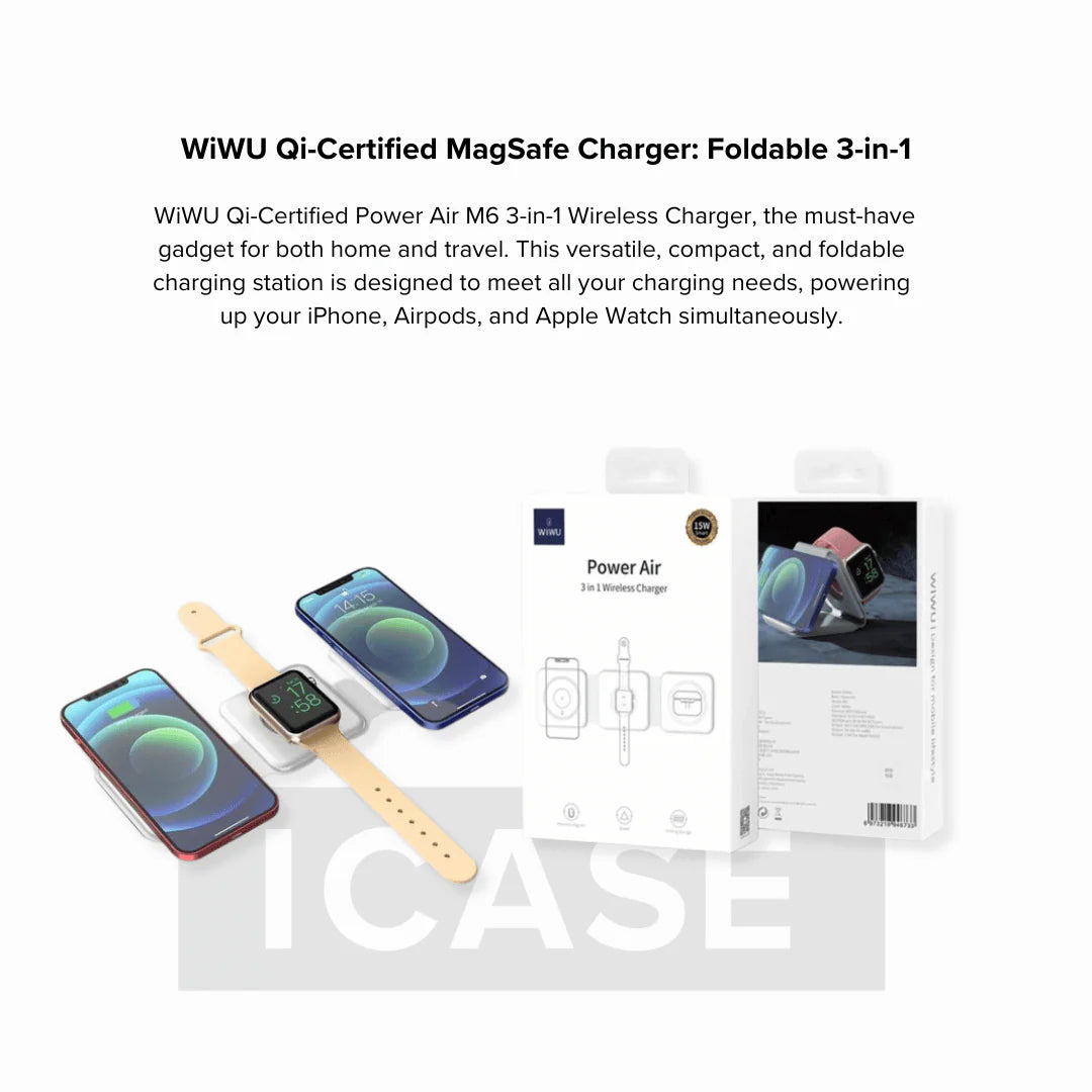 WiWU MagSafe certificato Qi WiWU: stazione di ricarica wireless pieghevole 3 in 1 per tutti i tuoi dispositivi.