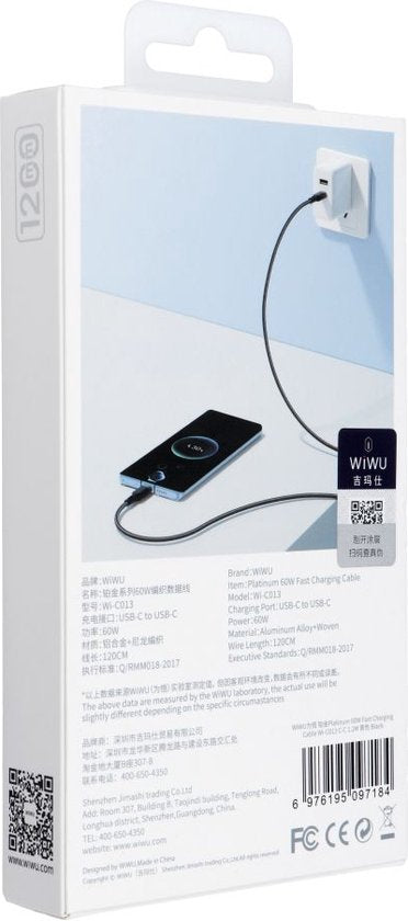 WIWU Cavo USB-C a USB-C - Carica Batterie Rapido USB C - Cavo Collegato - 1,2 m - Nero