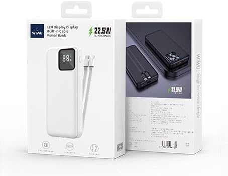 WIWU - Power Bank con display LED WIWU da 22,5 W e 20000 mAh con cavo integrato - Bianco-NERO