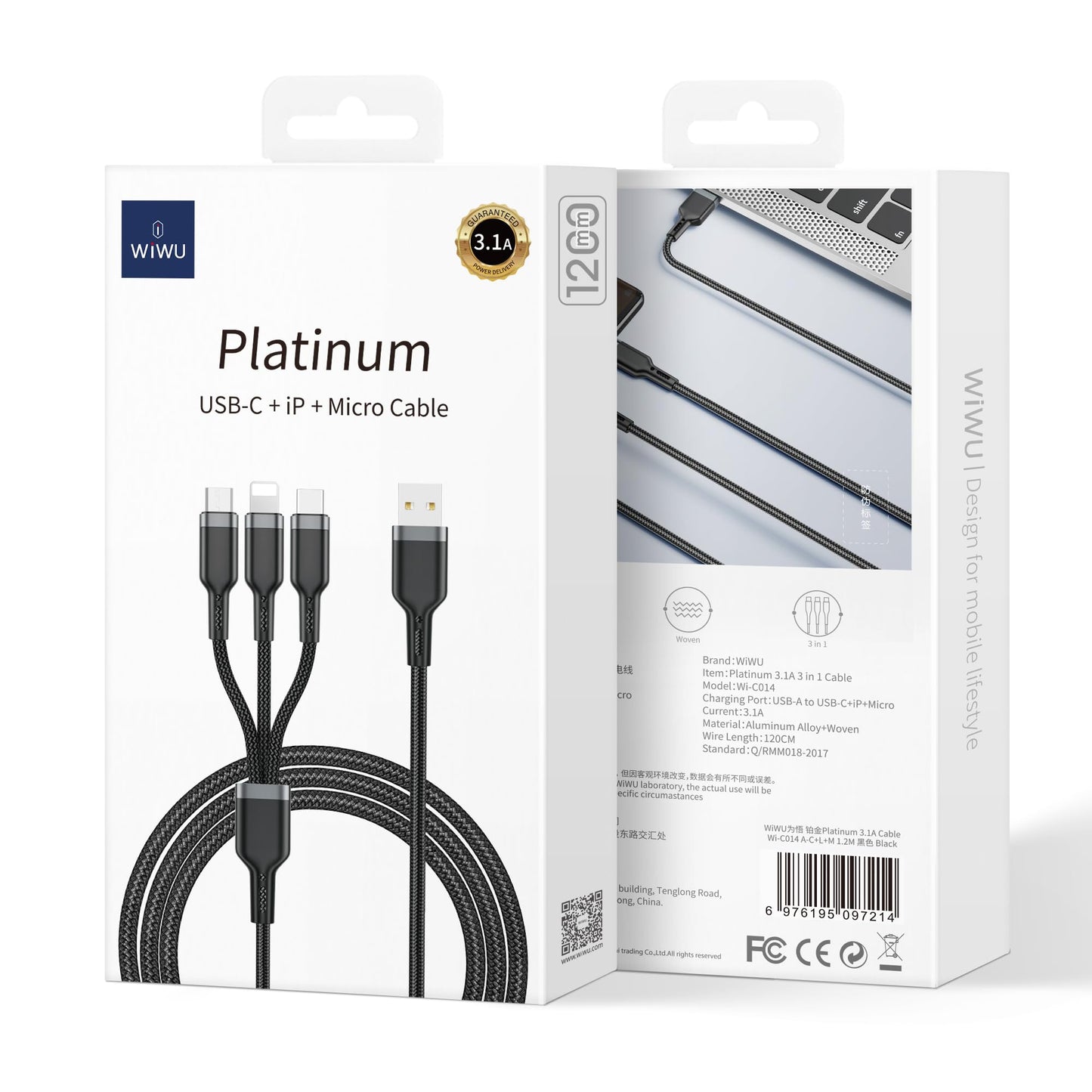 WiWU Platinum USB-A to Type-C/Micro/Lightning 3-in-1 Cable | 3.1A Fast Charging |Platinum Cavo