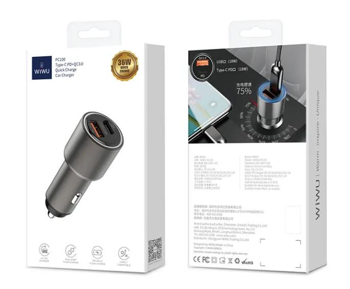 WiWU 36W veloce di ricarica caricabatteria da auto con USB 3.0 e di tipo C caricatore